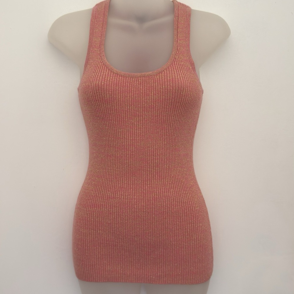 Y2K It'S OUR TIME Tank Top Womens Orange Metallic Ribbed Racerback Vtg Sparkle
